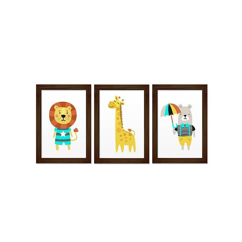Conjunto de 3 quadros - decoração infantil Leao Urso Girrafa