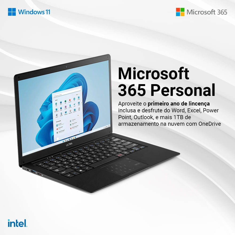 Notebook Ultra,  com Windows 11 Home, Processador Intel Celeron, Memória 128GB 4GB Ram, Tela HD 14,1 Preto - UB240 UB240 Preto