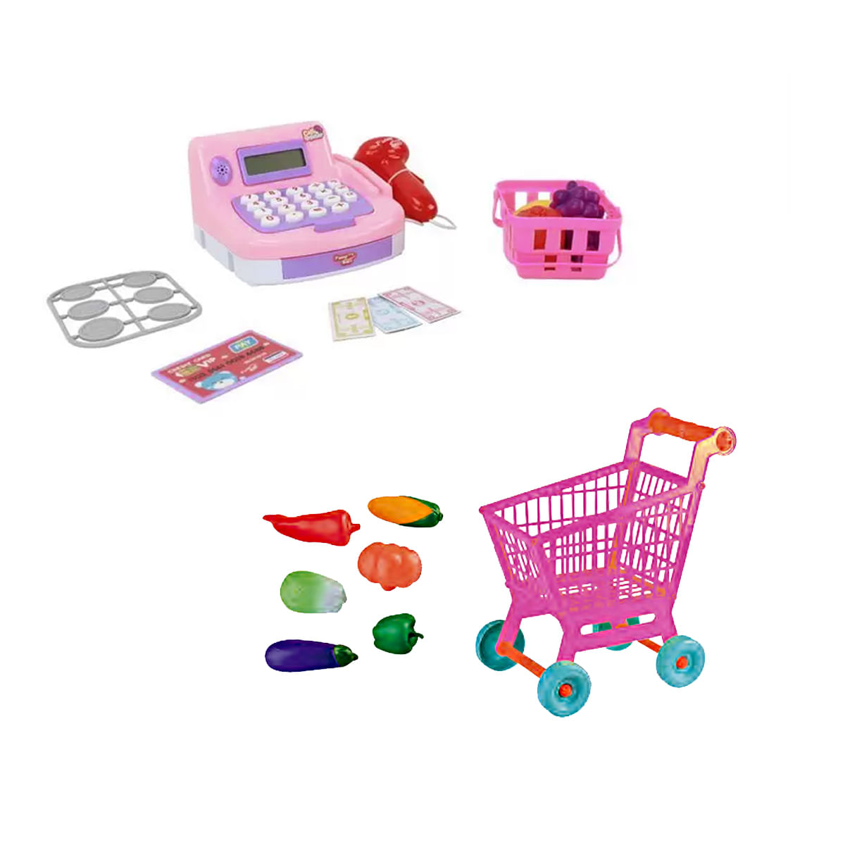Máquina registradora infantil de brinquedo com carrinho compra grande e cesta com acessórios BBR P