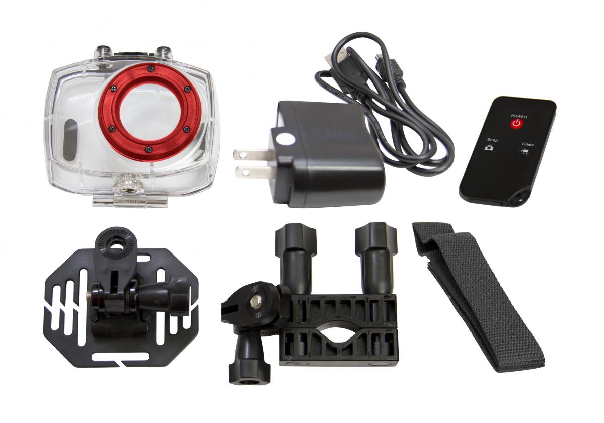 Câmera filmadora de ação Full HD com caixa estanque e acessórios Vermelha