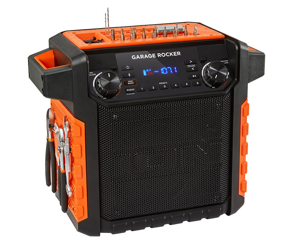 Caixa de Som 50 W, sem fio, AM/FM, bateria recarregável e bandeja p/ apoio de ferramentas