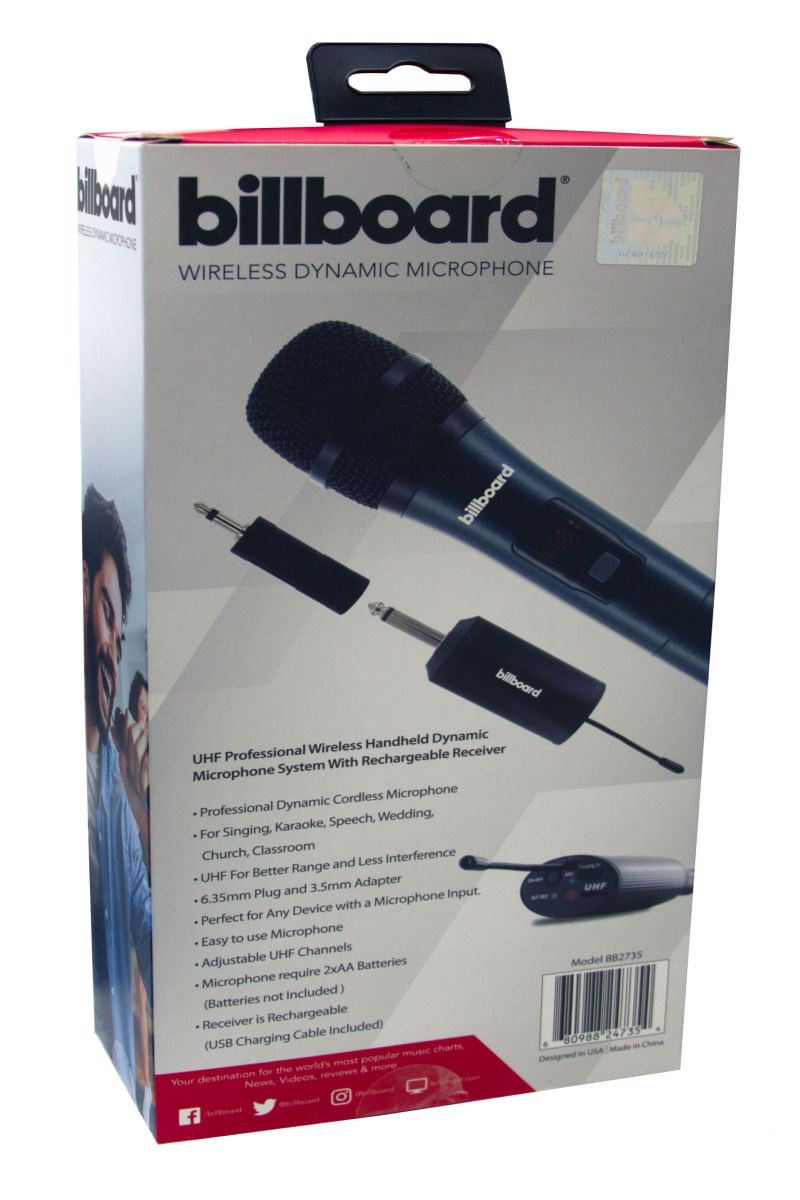 Microfone dinâmico unidirecional sem fio UHF Billboard BB2735 Preto