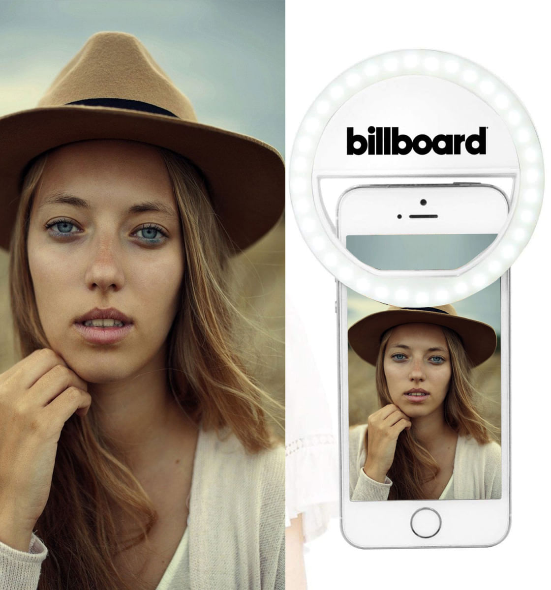 Selfie Ring Light Billboard Recarregável com Clipe de Fixação em Smartphone