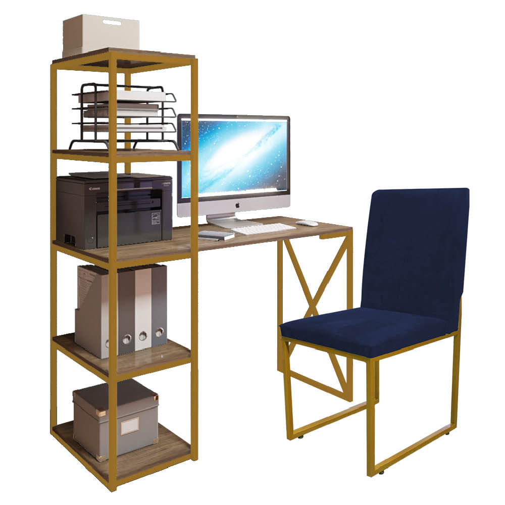 Kit Escritório Mesa Max BeX 5 Prateleiras e Cadeira Stan Dourado Tampo Castanho Sintético Azul Marinho - Ahazzo Móveis