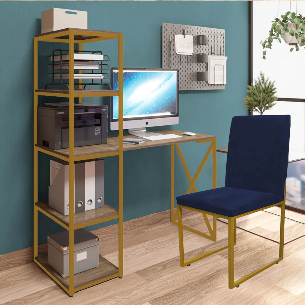 Kit Escritório Mesa Max BeX 5 Prateleiras e Cadeira Stan Dourado Tampo Rústico Sintético Azul Marinho - Ahazzo Móveis