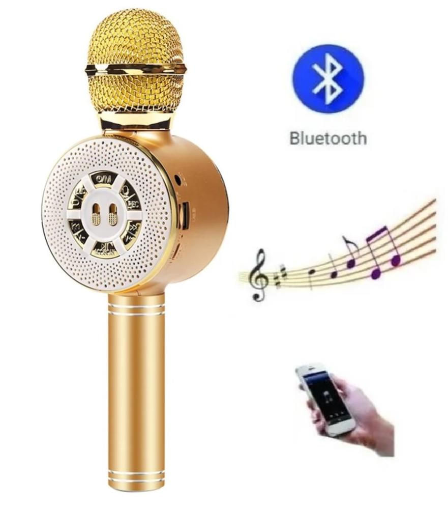 Microfone Karaokê Bluetooth Sd Usb Com 4 Efeitos De Voz Ws-669 Dourado