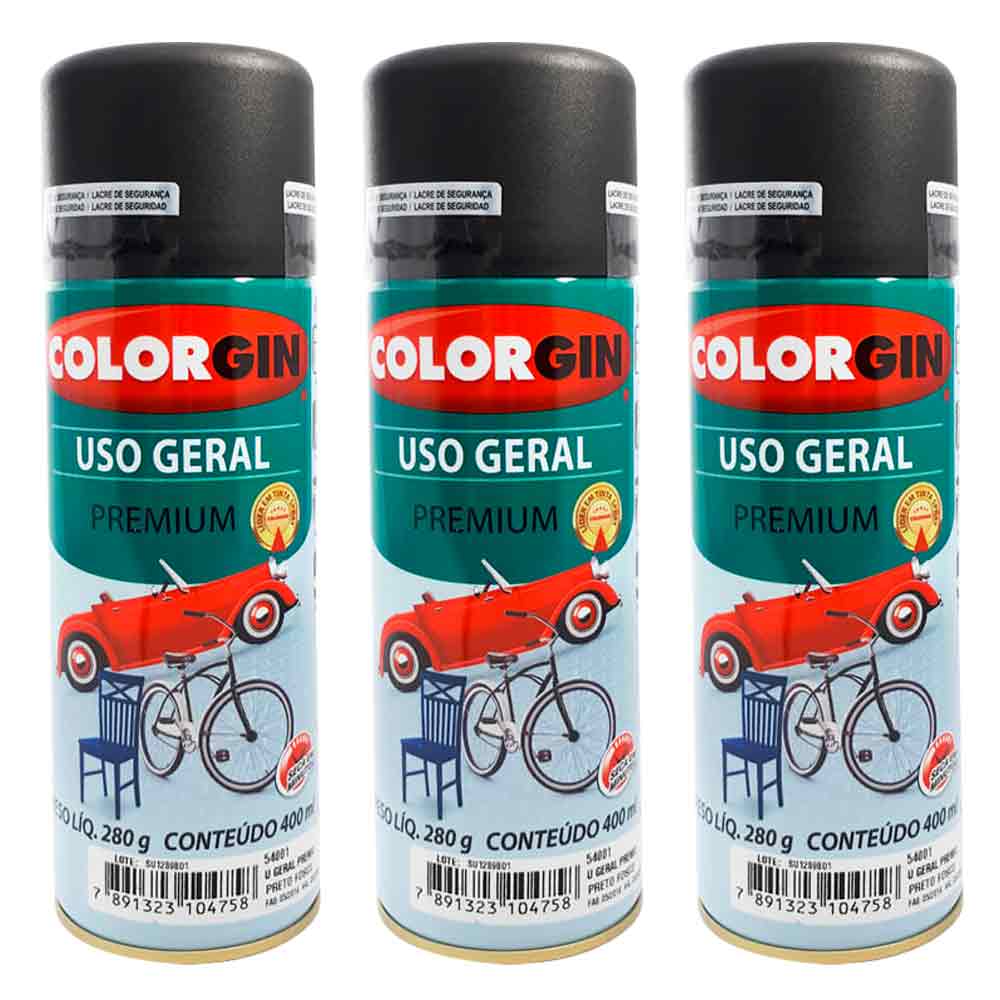 Tinta Spray Colorgin Uso Geral Preto Fosco 400ML Kit 3UN