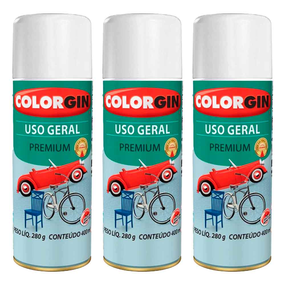 Tinta Spray Colorgin Uso Geral Branca 400ML Kit com 3UN