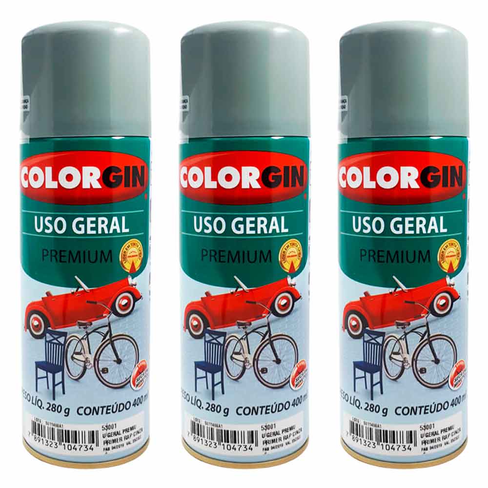 Tinta Spray Colorgin Uso Geral Cinza Primer 400ML Kit 3UN