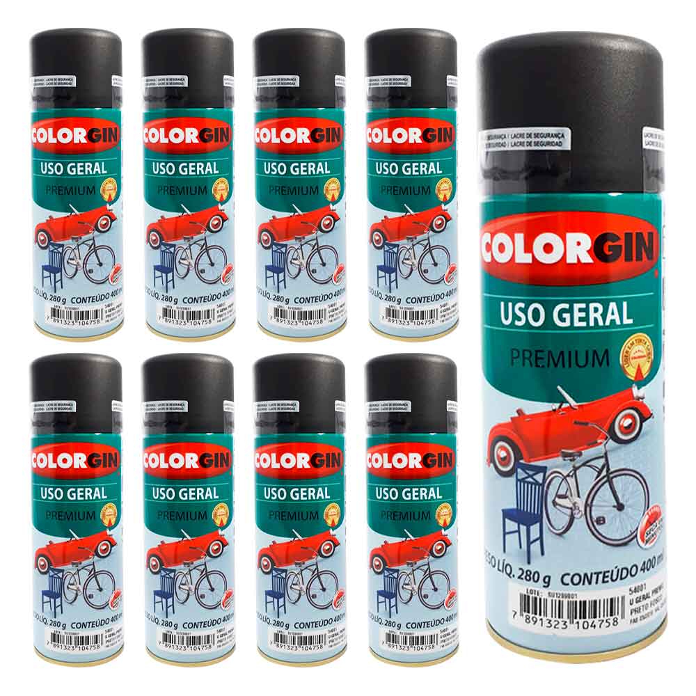 Tinta Spray Colorgin Uso Geral Preto Fosco 400ML Kit 12UN