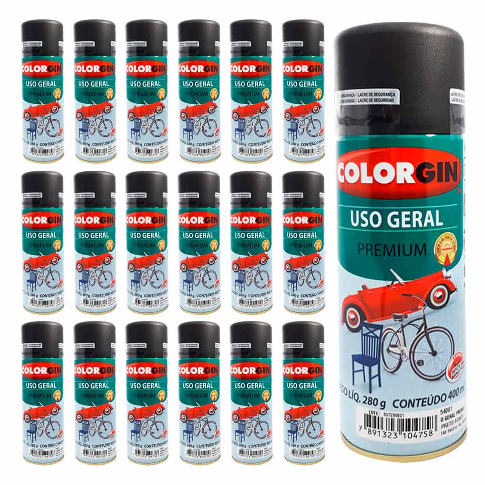 Tinta Spray Colorgin Uso Geral Preto Fosco 400ML Kit 24UN