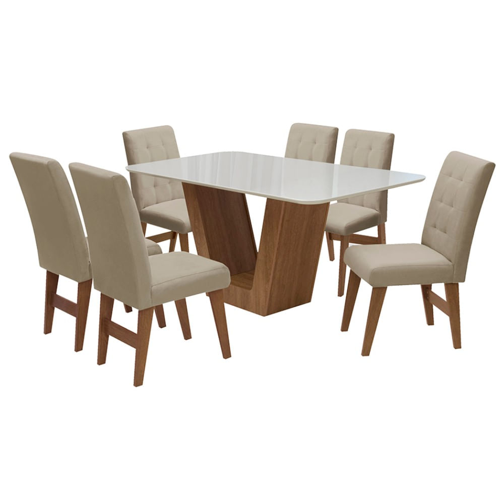 Conjunto Mesa de Jantar Safira com 06 Cadeiras Agata 160cm Cedro/Branco Off/Bege - ADJ DECOR