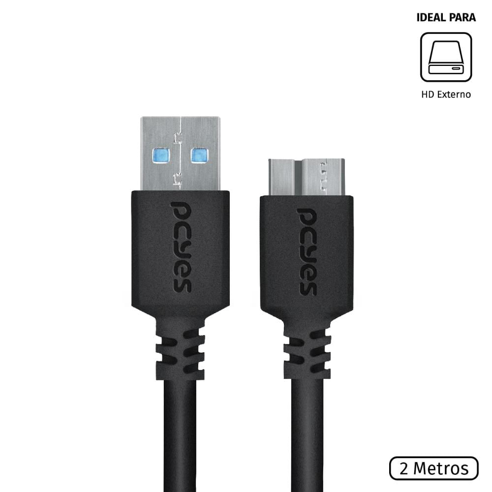 Cabo para HD Externo USB a 3.0 Macho para Micro USB B 3.0 (10 Pinos) Macho 28AWG Puro Cobre 2 Metros