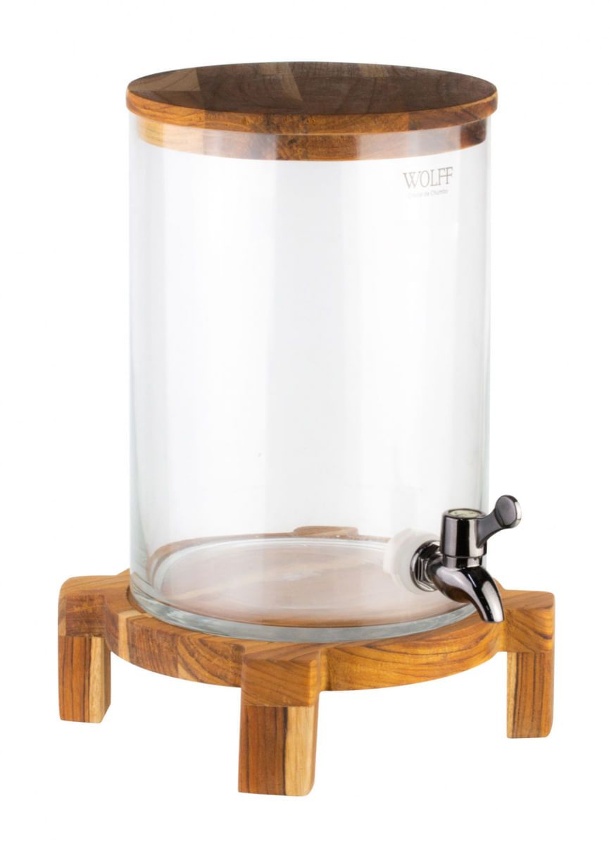 Dispenser em vidro com suporte e tampa madeira teca 24x31cm 5L
