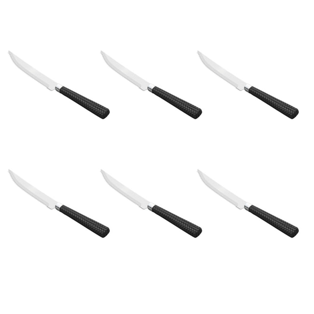 Conjunto com 6 facas p/churrasco de aço inox c/cabo de plástico Rattan preto 22cm