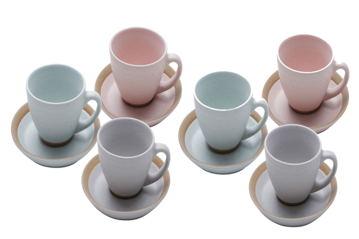 Conjunto com 6 xícaras em cerâmica para café com pires Romance 100ml colorida