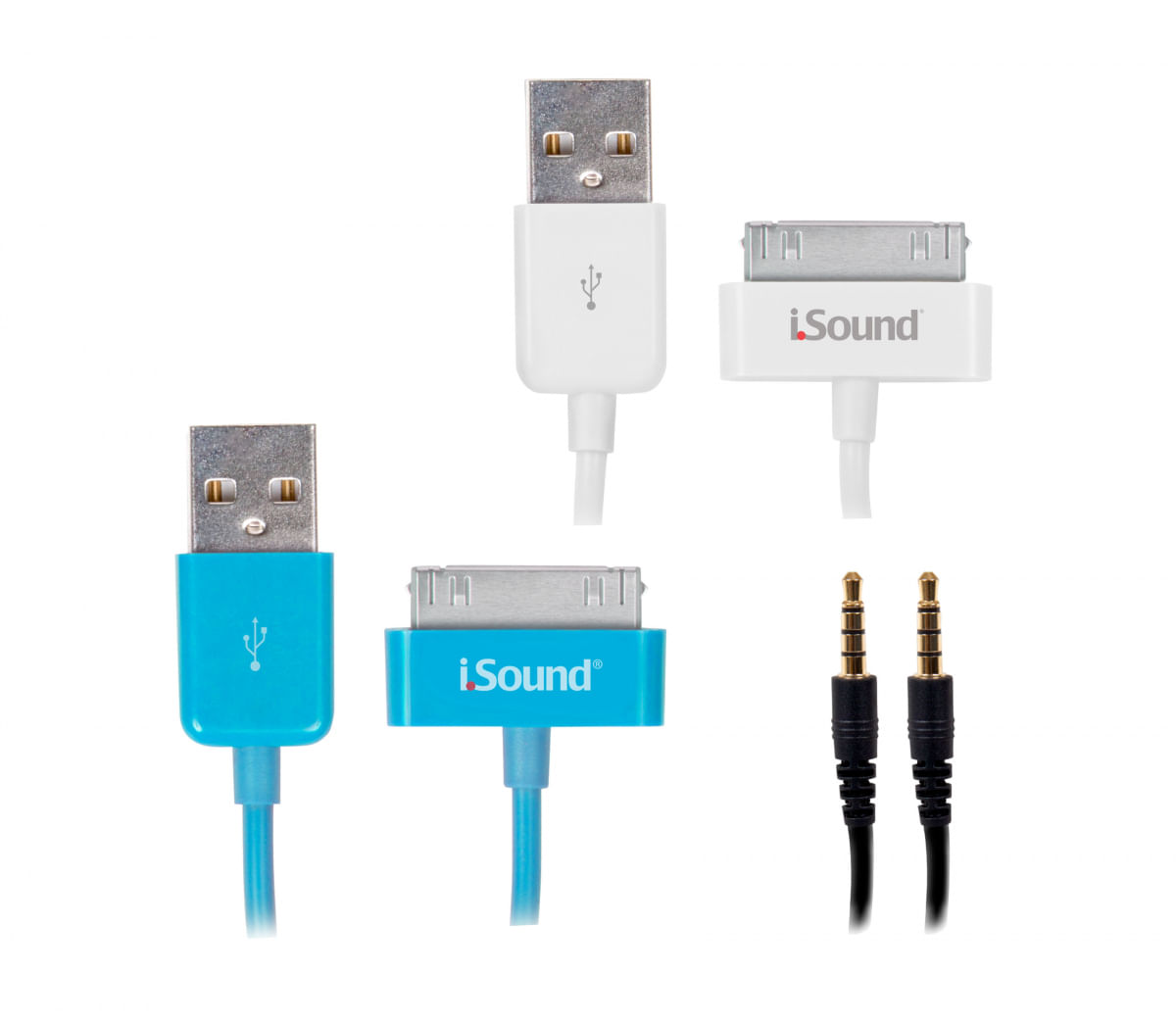 Kit com cabos para carga, sincronismo e áudio de iPad, iPhone ou iPod