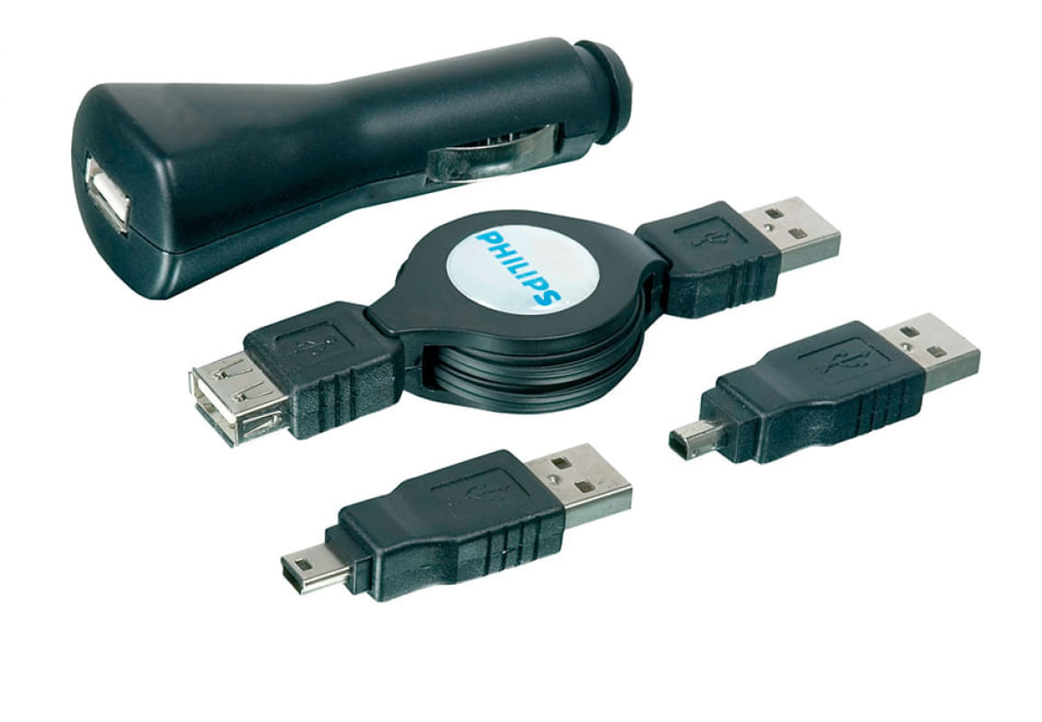 Kit universal com carregador veicular DC com entrada USB e cabo extensão USB retrátil