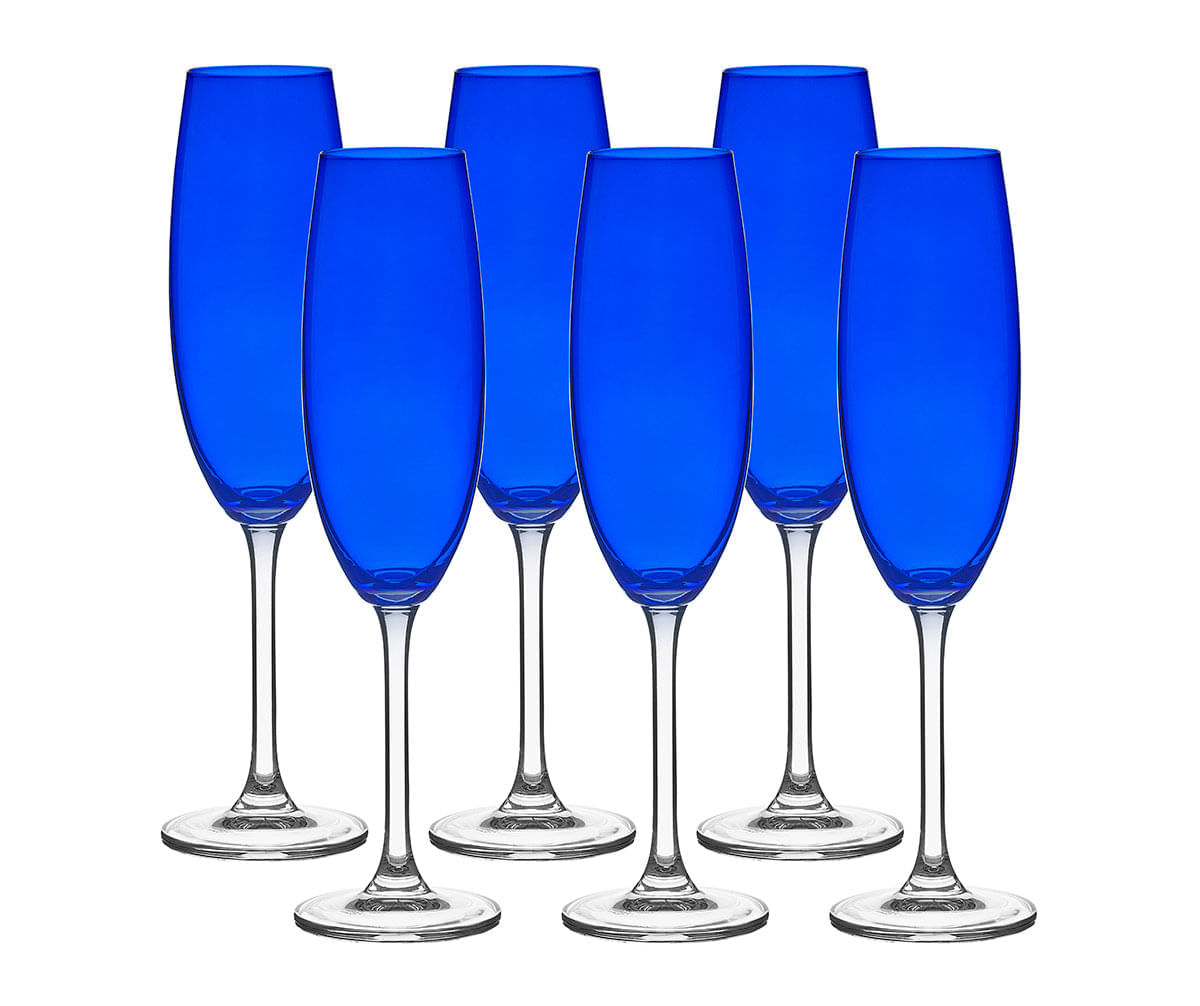 Jogo de 6 Taças de Cristal para Champagne Coleção Colibri na cor Azul Royal 220 ml