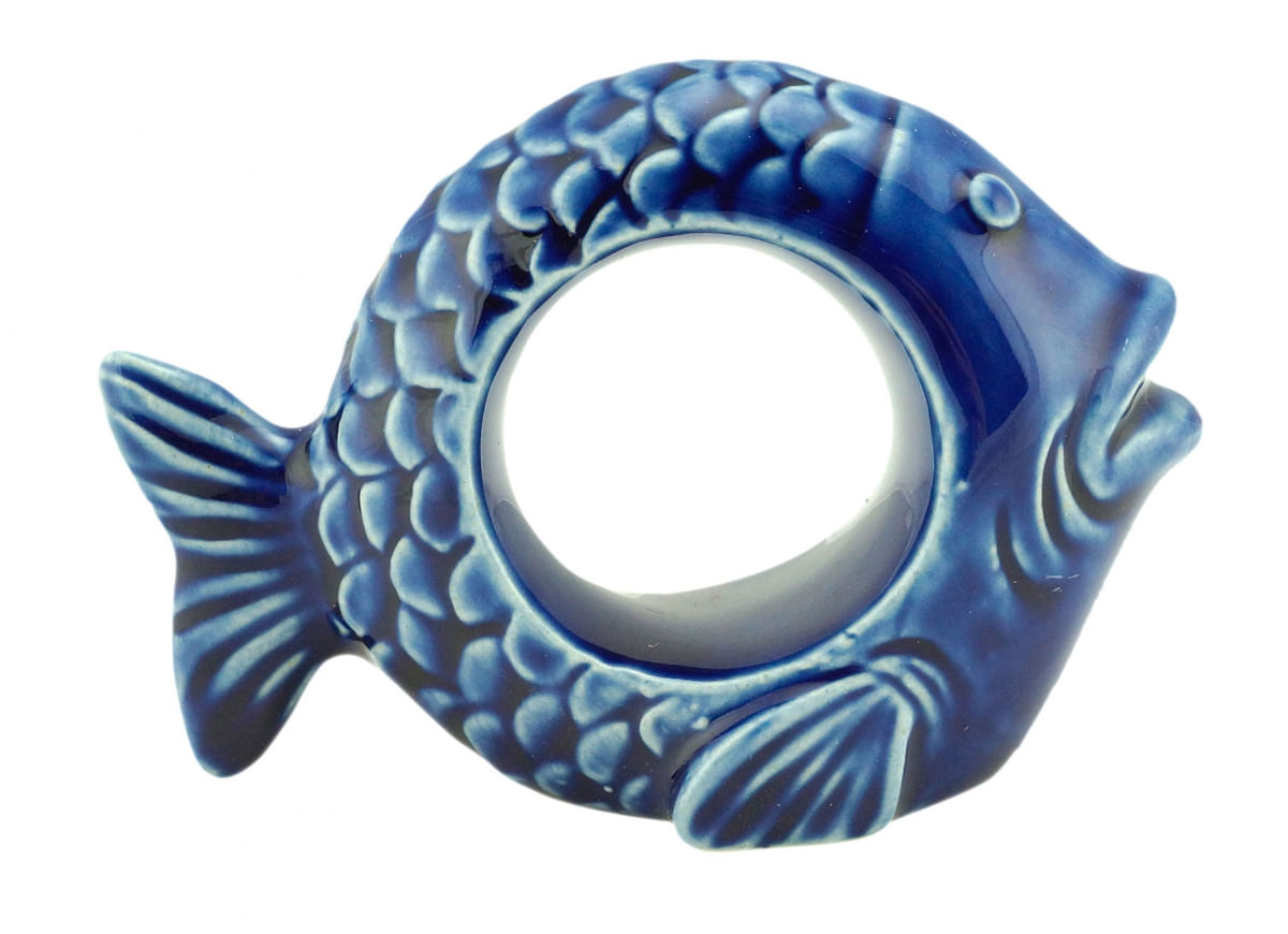 Conjunto com 4 anéis para guardanapos em cerâmica Peixe Ocean 8x6cm azul