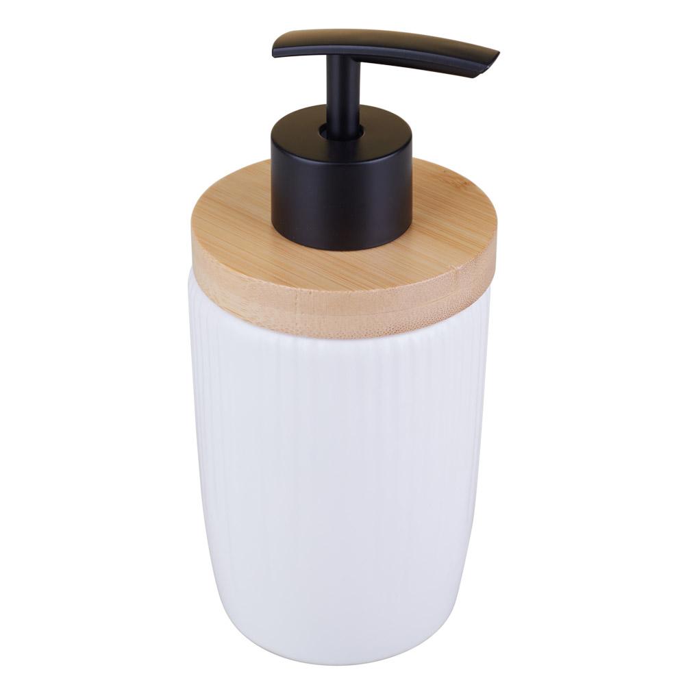 Porta Sabonete Liquido 330ml Branco com Dispenser Prata Bambu