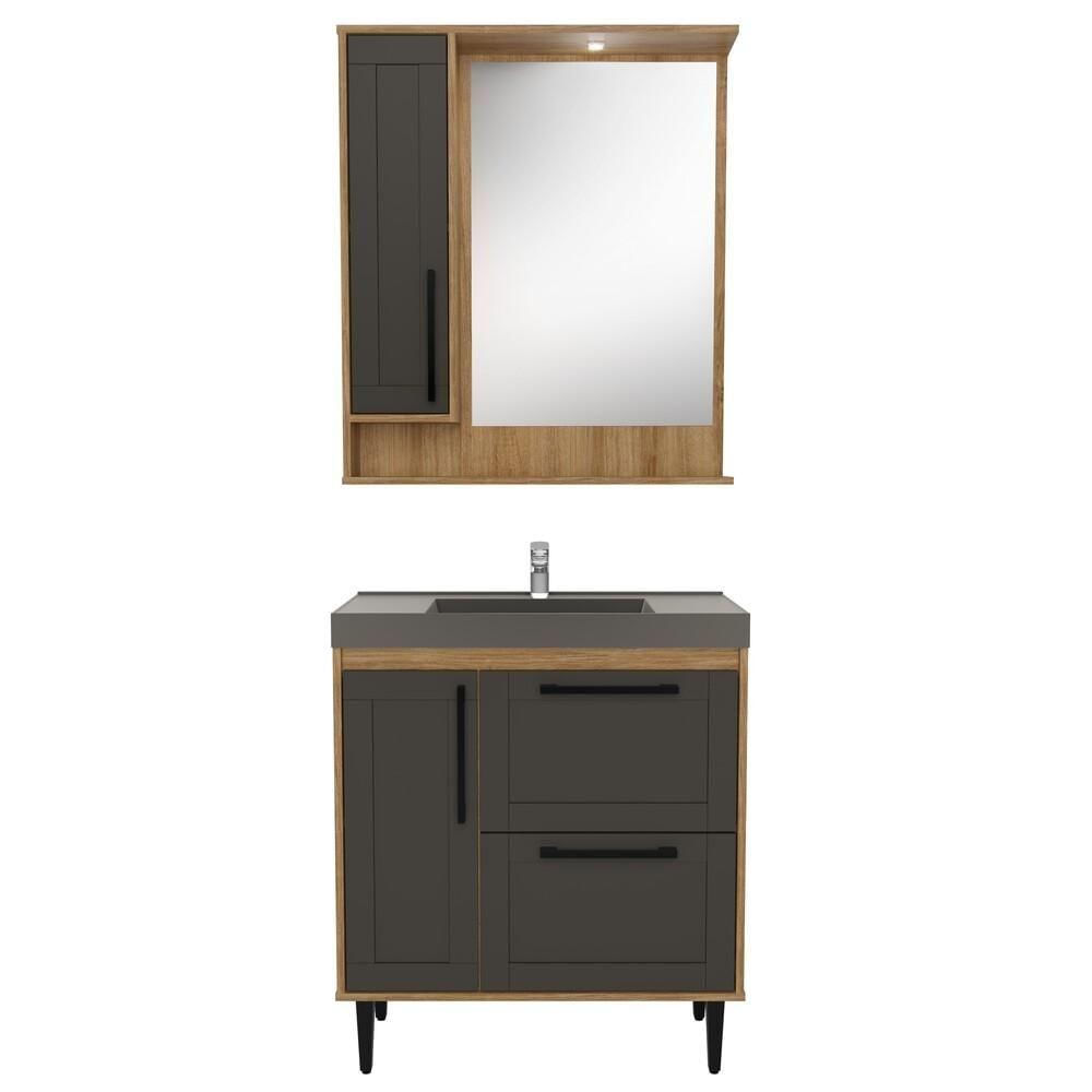 Gabinete Banheiro Com Cuba E Espelheira 80cm Mel/branco