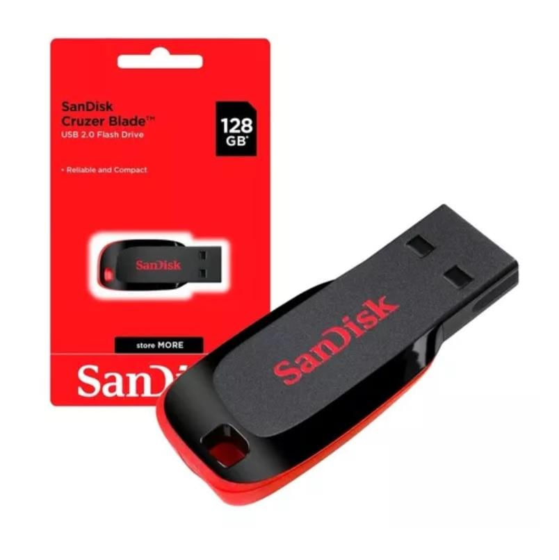 Pendrive Sandisk Cruzer Blade 128gb 2.0 Preto e Vermelho