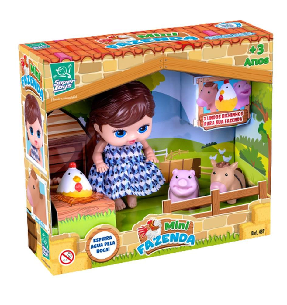 Boneca Mini Fazenda Com 3 Bichinhos - Super Toys 487