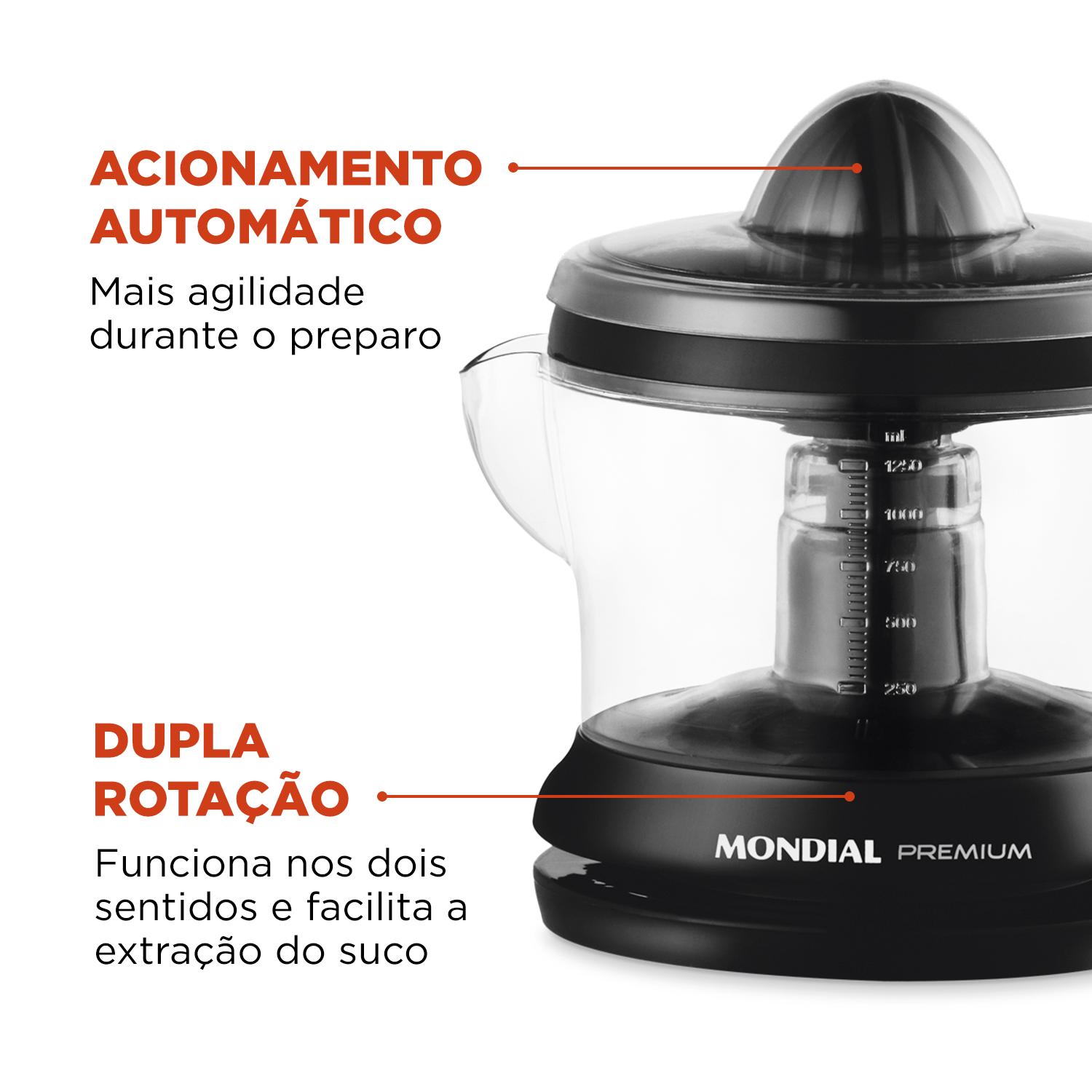 Espremedor Mondial 1,25L com Dupla Rotação e Acionamento Automático Premium E-02 Preto 127V