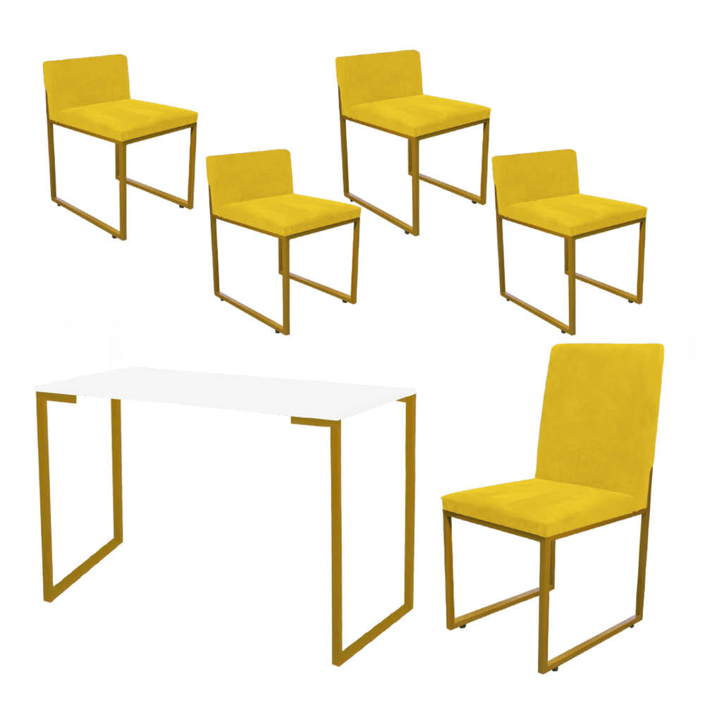 Kit Mesa Escrivaninha com Cadeira Stan e 4 Poltronas Lee Tampo Branco Ferro Dourado Tecido Sintético Amarelo - Ahazzo Móveis Amarelo