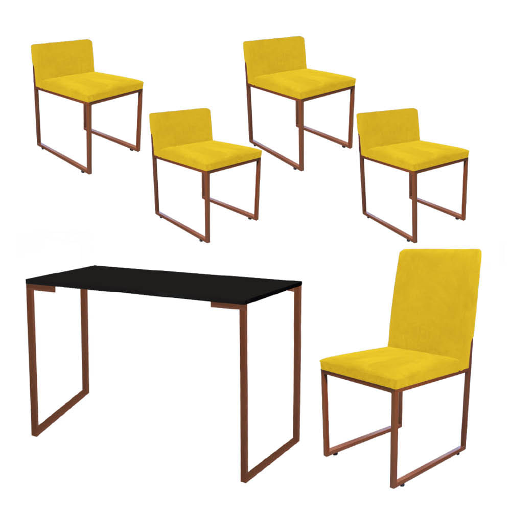 Kit Mesa Escrivaninha com Cadeira Stan e 4 Poltronas Lee Tampo Preto Ferro Bronze Tecido Sintético Amarelo - Ahazzo Móveis Amarelo