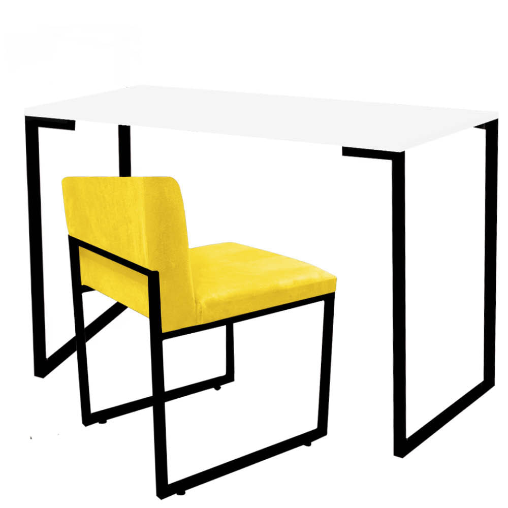 Kit Mesa Escrivaninha Stan e Cadeira Lee Industrial Escritório Tampo Branco Preto Tecido Sintético Amarelo - Ahazzo Móveis Amarelo