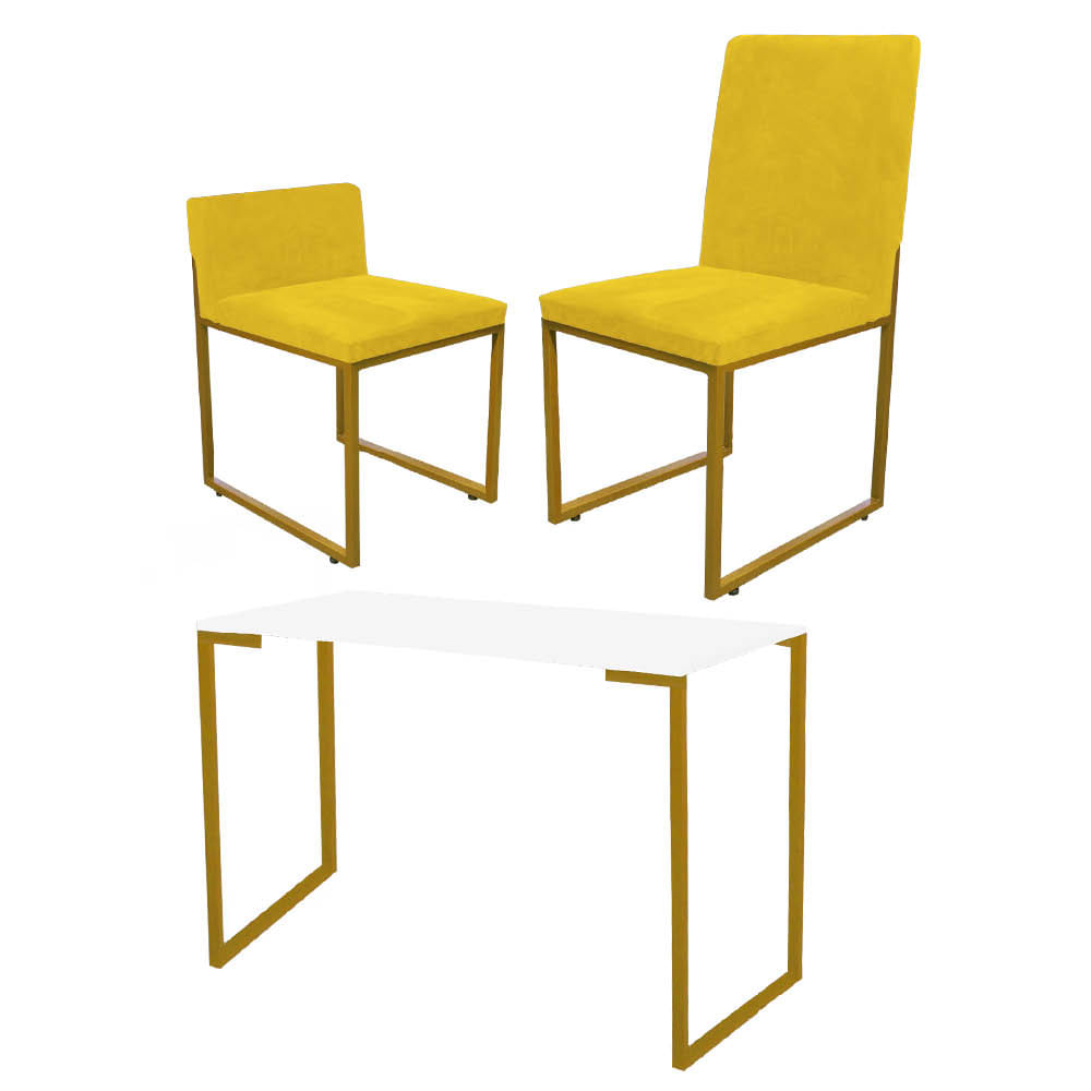 Kit Mesa Escrivaninha com Cadeira Stan e Poltrona Lee Tampo Branco Ferro Dourado Tecido Sintético Amarelo - Ahazzo Móveis Amarelo