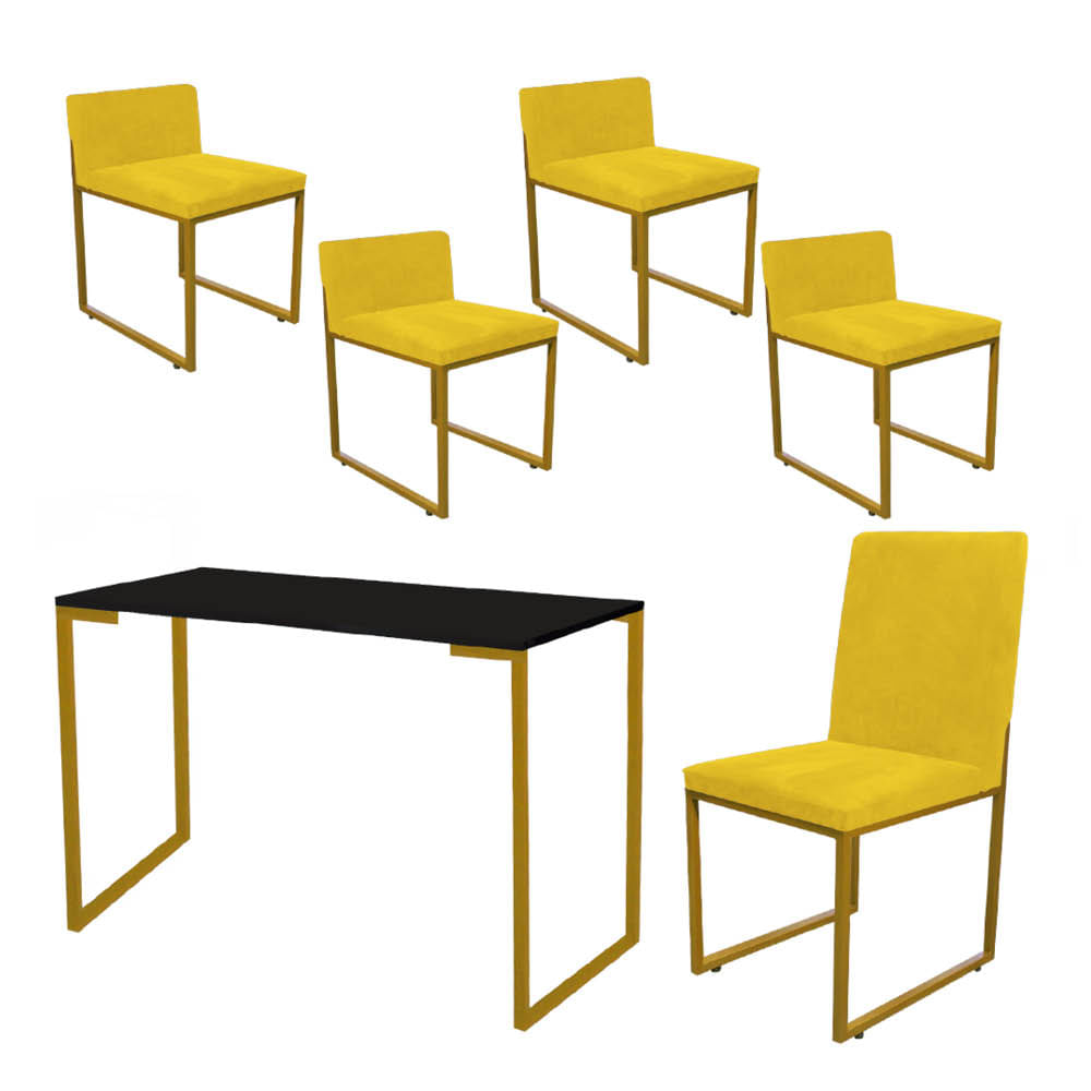 Kit Mesa Escrivaninha com Cadeira Stan e 4 Poltronas Lee Tampo Preto Ferro Dourado Tecido Sintético Amarelo - Ahazzo Móveis Amarelo