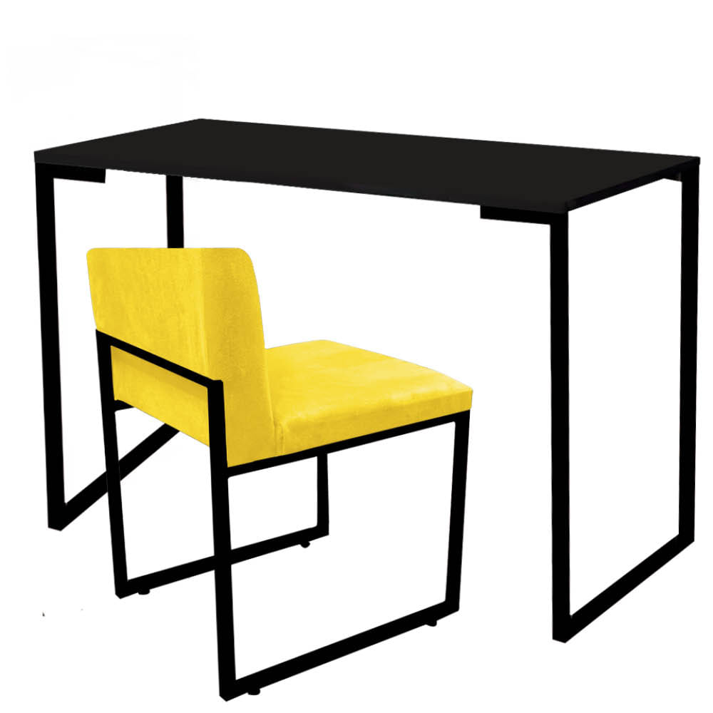 Kit Mesa Escrivaninha Stan e Cadeira Lee Industrial Escritório Tampo Preto Preto Tecido Sintético Amarelo - Ahazzo Móveis Amarelo