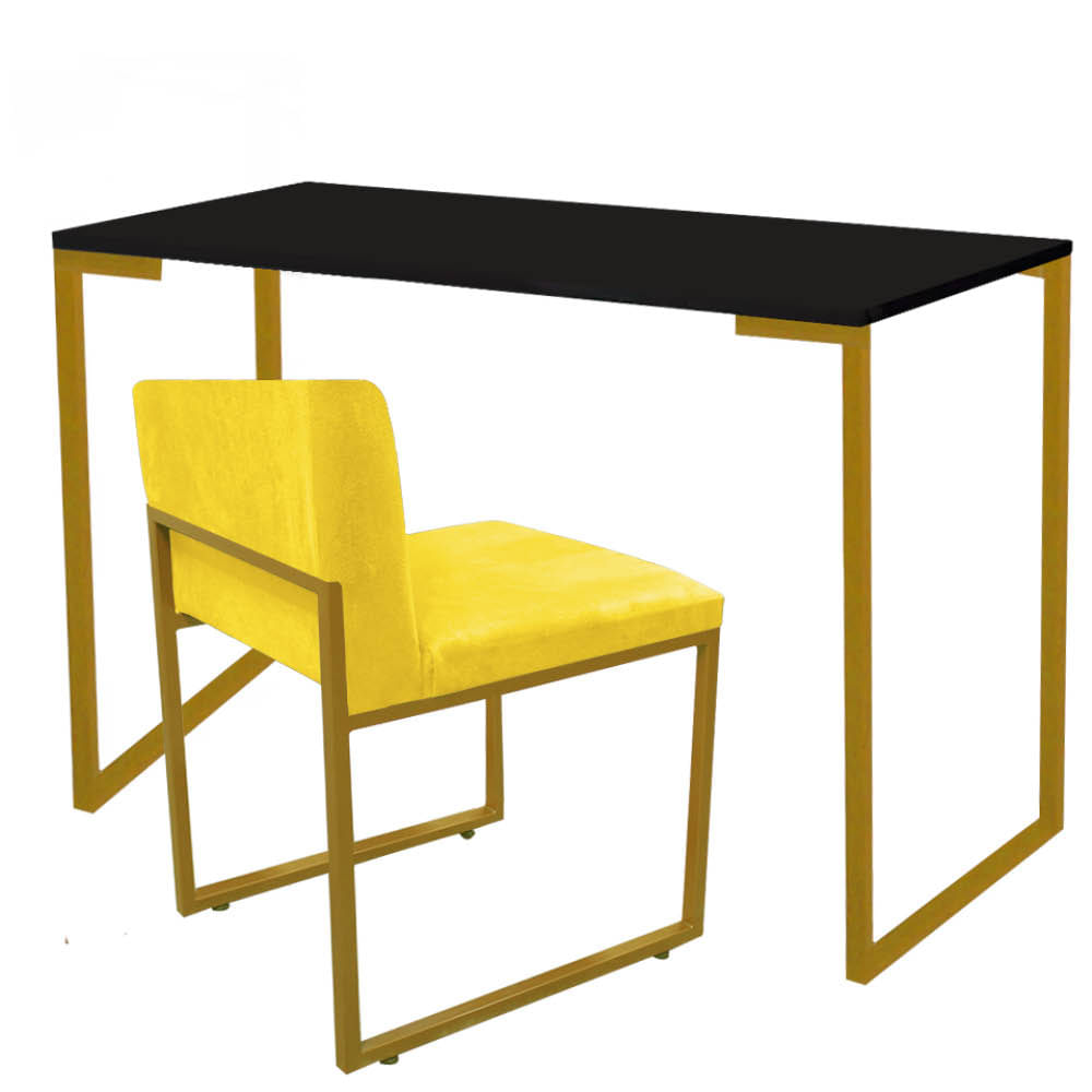 Kit Mesa Escrivaninha Stan e Cadeira Lee Industrial Escritório Tampo Preto Dourado Tecido Sintético Amarelo - Ahazzo Móveis Amarelo