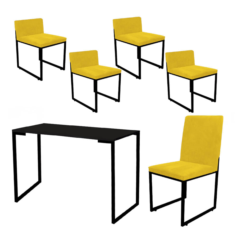 Kit Mesa Escrivaninha com Cadeira Stan e 4 Poltronas Lee Tampo Preto Ferro Preto Tecido Sintético Amarelo - Ahazzo Móveis Amarelo