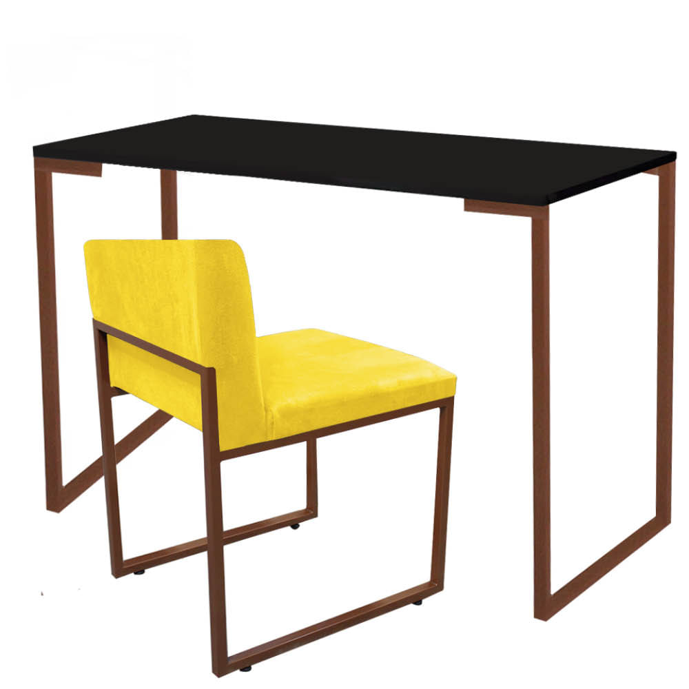 Kit Mesa Escrivaninha Stan e Cadeira Lee Industrial Escritório Tampo Preto Bronze Tecido Sintético Amarelo - Ahazzo Móveis Amarelo