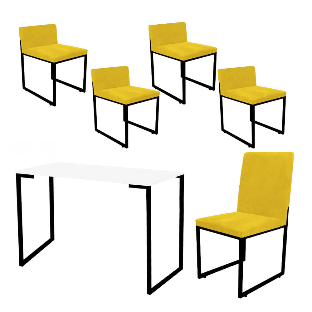 Kit Mesa Escrivaninha com Cadeira Stan e 4 Poltronas Lee Tampo Branco Ferro Preto Tecido Sintético Amarelo - Ahazzo Móveis Amarelo