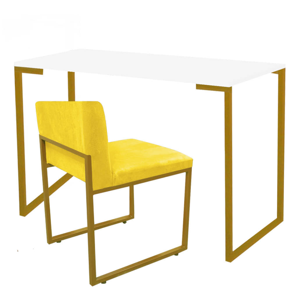 Kit Mesa Escrivaninha Stan e Cadeira Lee Industrial Escritório Tampo Branco Dourado Tecido Sintético Amarelo - Ahazzo Móveis Amarelo