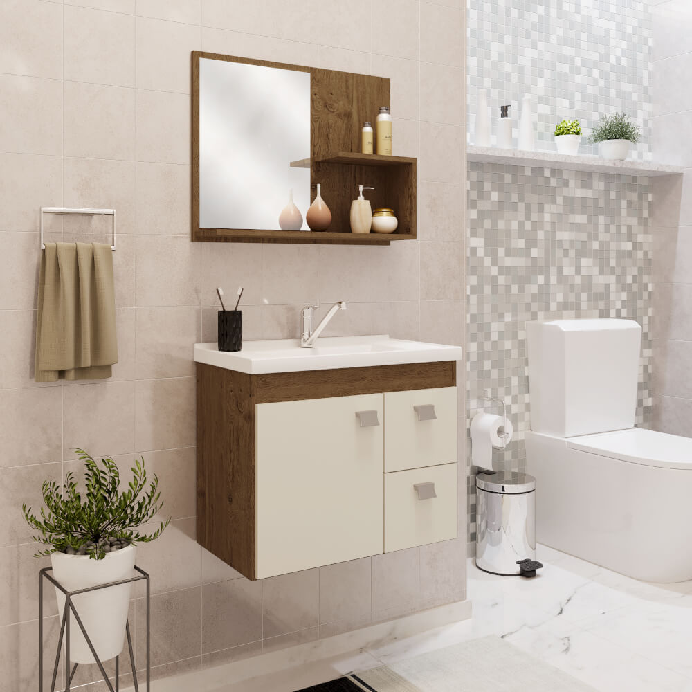 Gabinete Isa MGM 55cm para Banheiro com Espelheira - Amêndoa/Off White Amêndoa/Off White