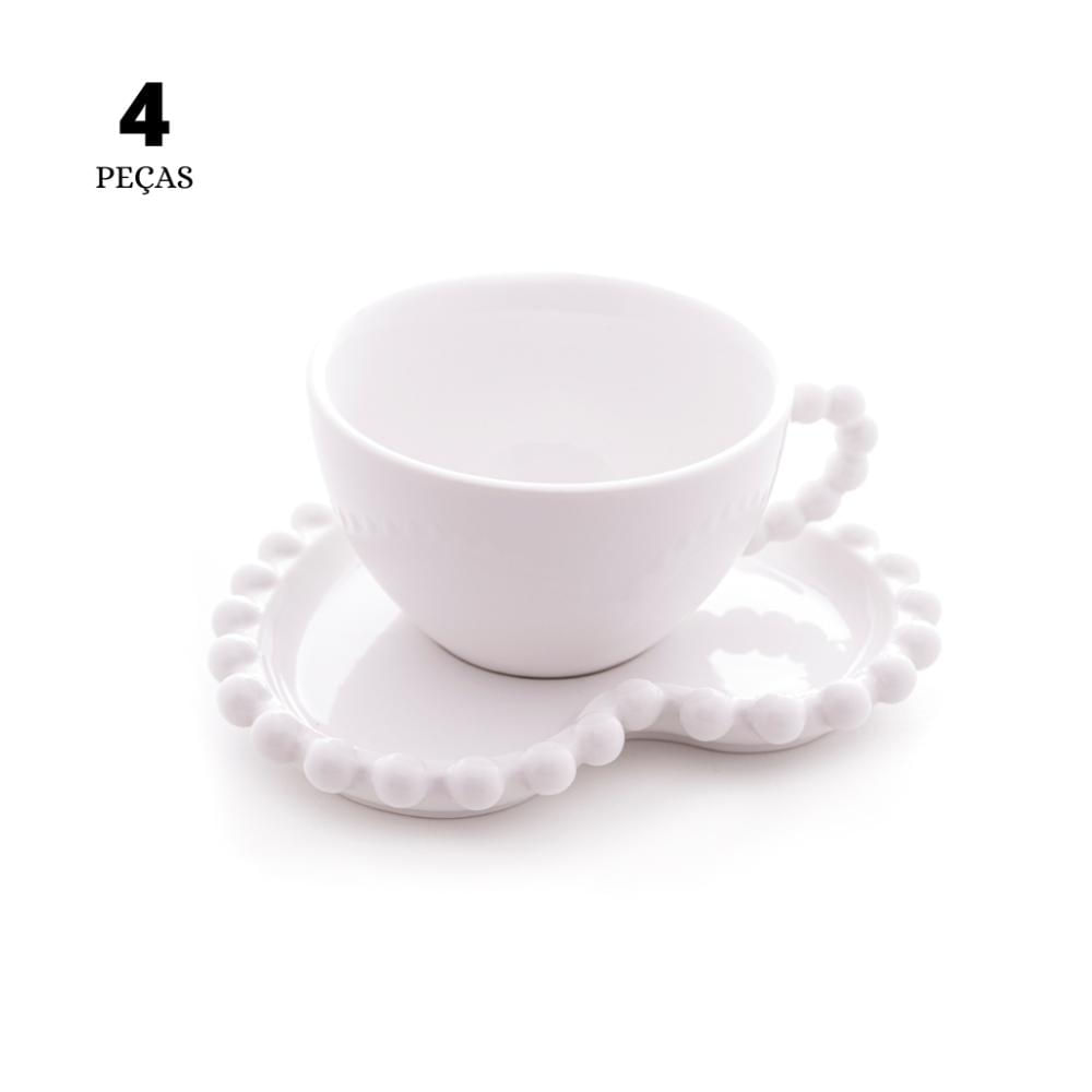 Jogo de 4 Xícaras Chá Wolff Coração Beads de Porcelana Branco 210ml