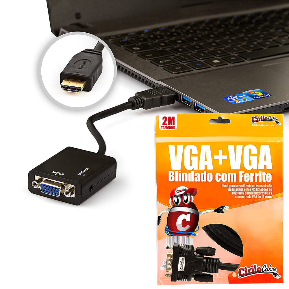 Conversor HDMI para VGA com Áudio/Cabo VGA - 2 Metros