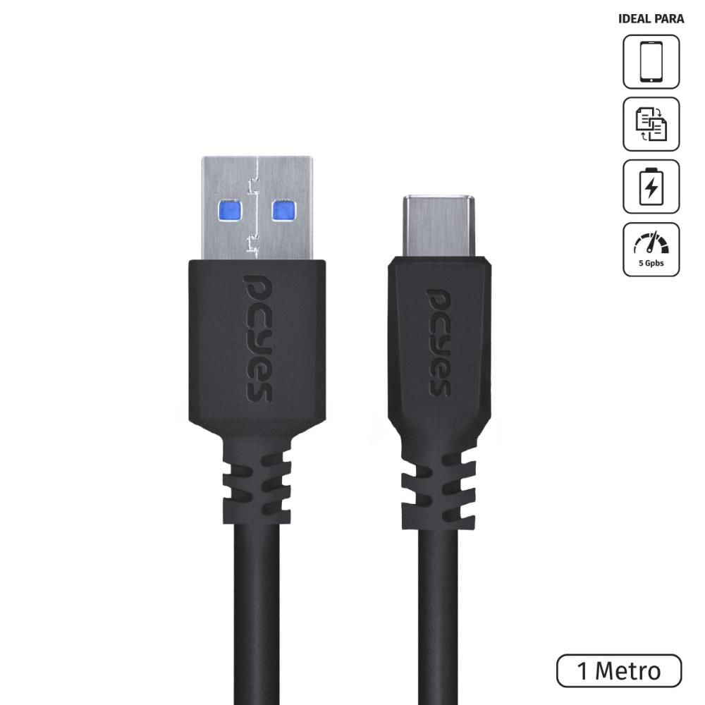 Cabo para Celular Smartphone USB Tipo C para USB a 3.0 1 Metro Preto - P3UACP-1