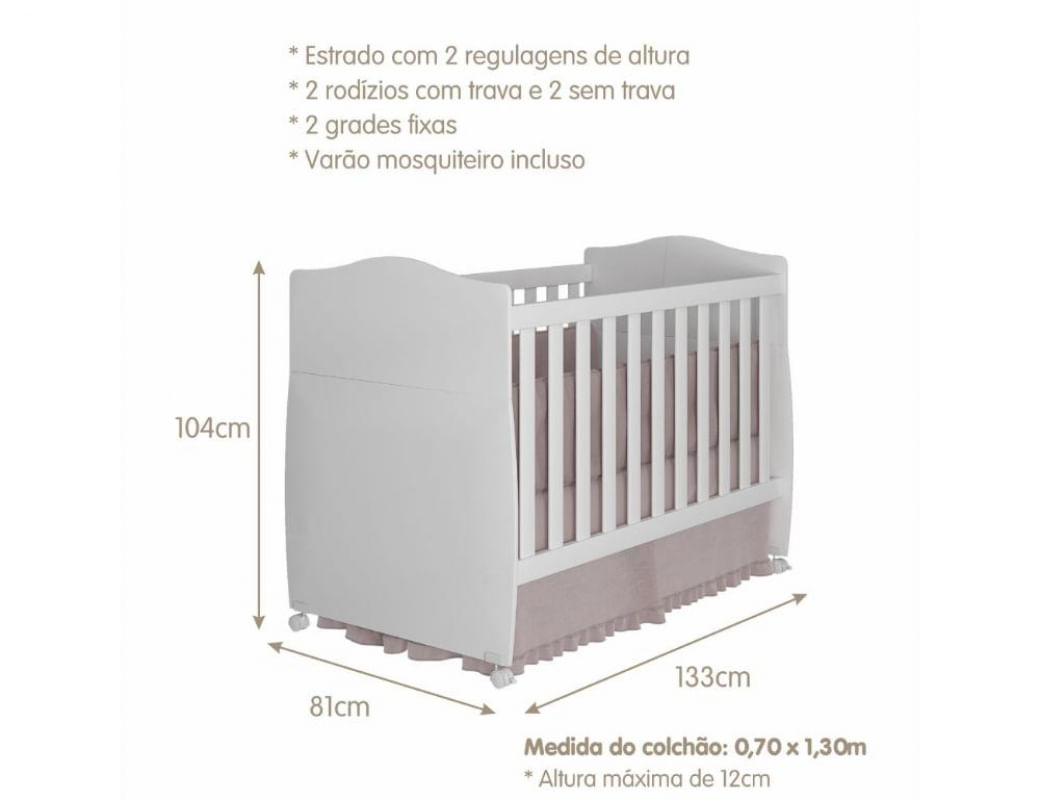 Quarto de Bebê com Berço Mini Cama Conforto e Cômoda 1 Porta 3 Gavetas Fofura Permobili Branco Conforto / Branca