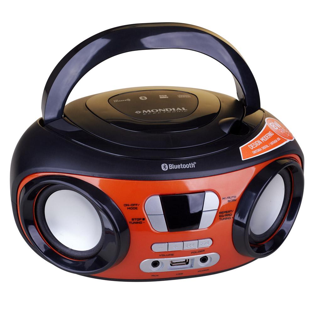 Rádio com CD, FM, Potência 8WRMS, Bluetooth, Entradas USB e Auxiliar Mondial Up BX-18 Preto/Laranja