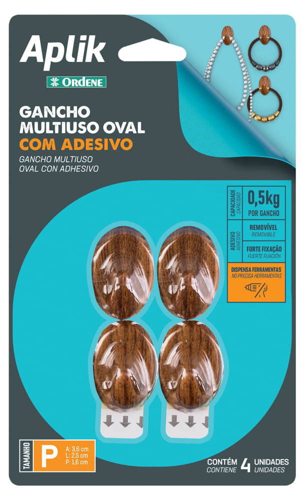 Gancho Adesivo Plástico Oval Pequeno Madeira Aplik Ordene 4 Peças