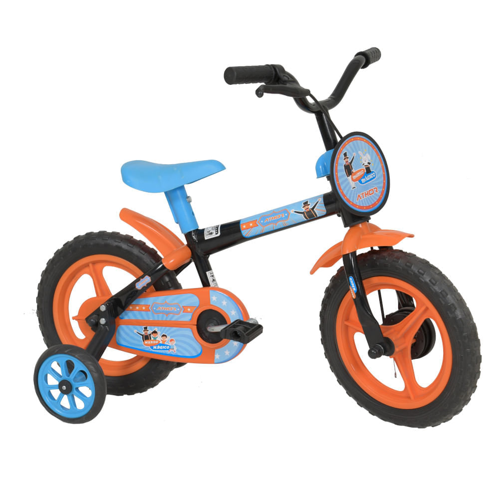 Bicicleta Infantil Athor Mundo Mágico Aro 12 com Rodinhas - Preto/Laranja