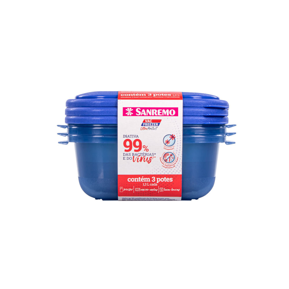 Kit 3 Potes Plásticos Quadrados Azul 1,3L Ultraprotect Sanremo