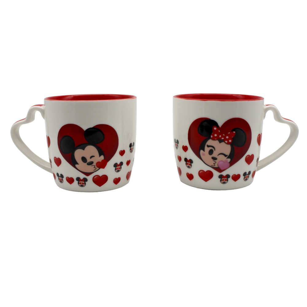 Kit com 2 Canecas Com Alça Coração Mickey e Minnie Emoji 300 Ml